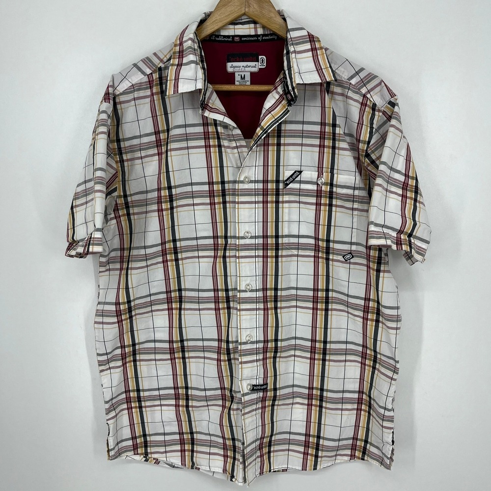 Ecko Unltd Mens Short Sleeve Button Down Plaid Shirt White Red Yellow Size M